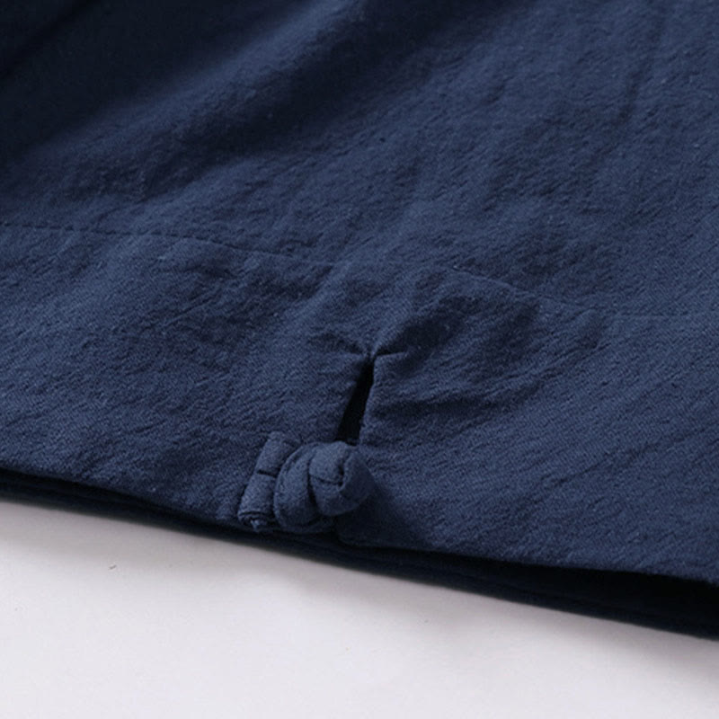 Buddha Stones 夏用シンプルVネック半袖コットンリネンメンズシャツ - image 5