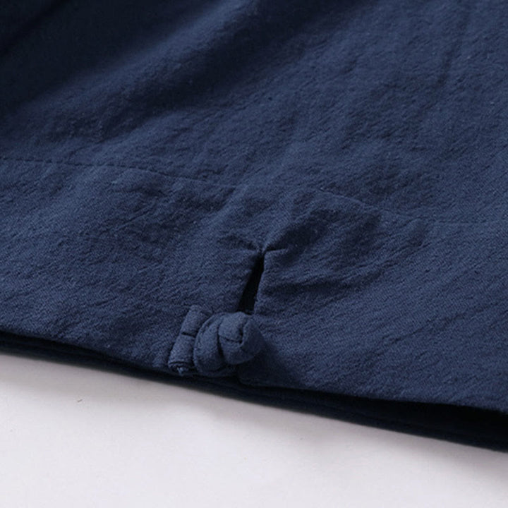 Buddha Stones 夏用シンプルVネック半袖コットンリネンメンズシャツ - image 5