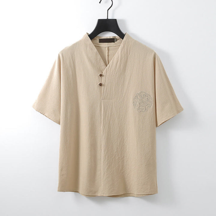 Buddha Stones 夏 Vネック ボタン 半袖 雲 刺繍 コットン リネン メンズ シャツ - ビスク - US/ UK/AU56、 EU66 (9XL) - image 0