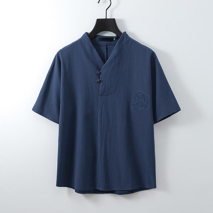 Buddha Stones 夏 Vネック ボタン 半袖 雲 刺繍 コットン リネン メンズ シャツ - スティールブルー - US/ UK/AU56、 EU66 (9XL) - image 3
