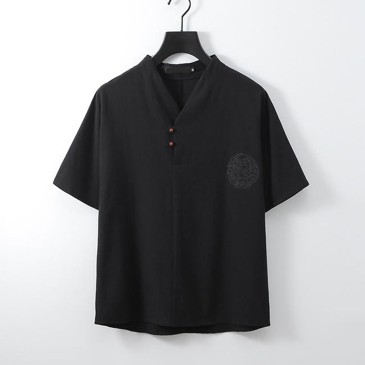 Buddha Stones 夏 Vネック ボタン 半袖 雲 刺繍 コットン リネン メンズ シャツ - 黒 - US/ UK/AU56、 EU66 (9XL) - image 2