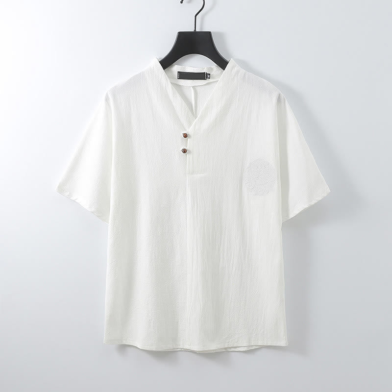 Buddha Stones 夏 Vネック ボタン 半袖 雲 刺繍 コットン リネン メンズ シャツ - 白 - US/ UK/AU56、 EU66 (9XL) - image 4
