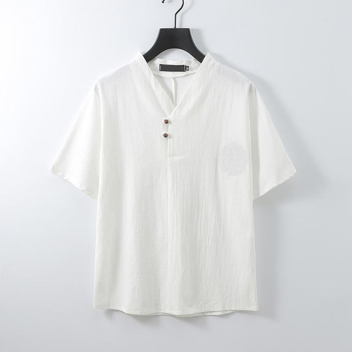 Buddha Stones 夏 Vネック ボタン 半袖 雲 刺繍 コットン リネン メンズ シャツ - 白 - US/ UK/AU56、 EU66 (9XL) - image 4