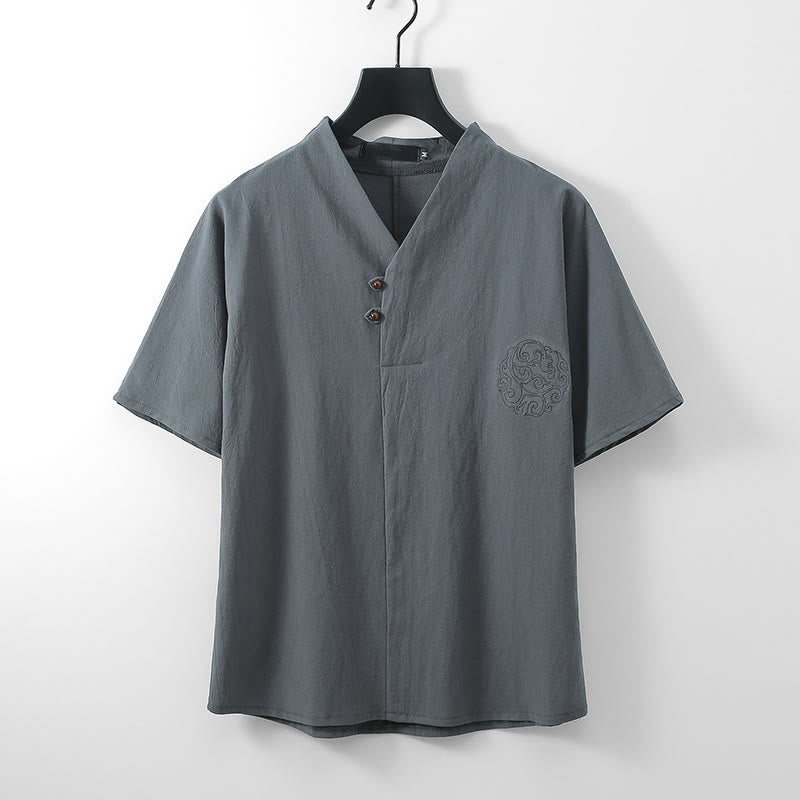 Buddha Stones 夏 Vネック ボタン 半袖 雲 刺繍 コットン リネン メンズ シャツ - グレー - US/ UK/AU56、 EU66 (9XL) - image 1