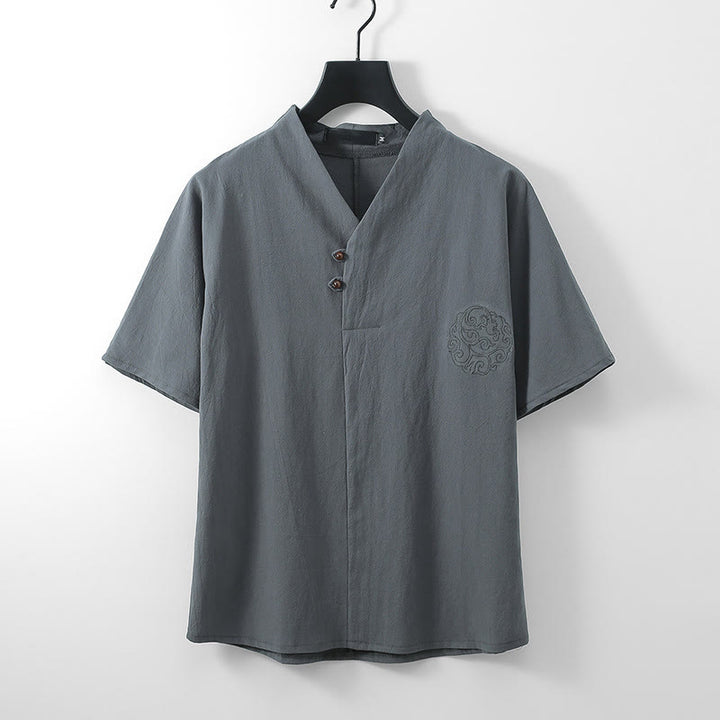Buddha Stones 夏 Vネック ボタン 半袖 雲 刺繍 コットン リネン メンズ シャツ - グレー - US/ UK/AU56、 EU66 (9XL) - image 1