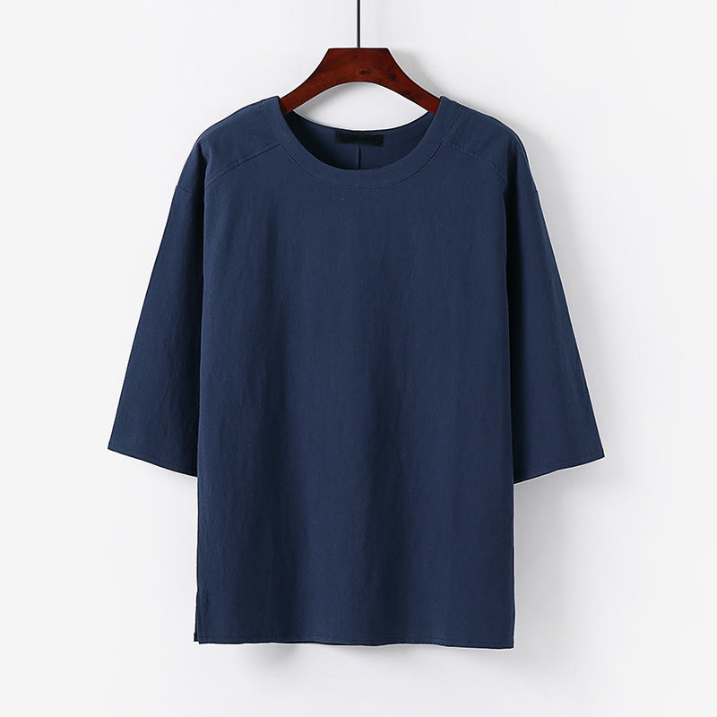 Buddha Stones 夏カジュアルクルーネックメンズ半袖コットンリネンTシャツ - スチールブルー - US/UK/AU54、 EU64 (9XL) - image 8