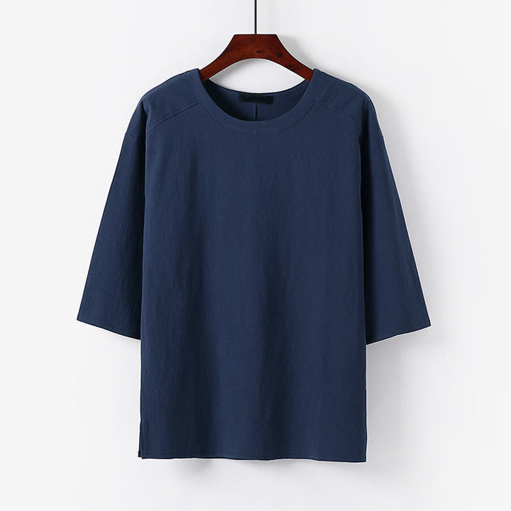 Buddha Stones 夏カジュアルクルーネックメンズ半袖コットンリネンTシャツ - スチールブルー - US/UK/AU54、 EU64 (9XL) - image 8