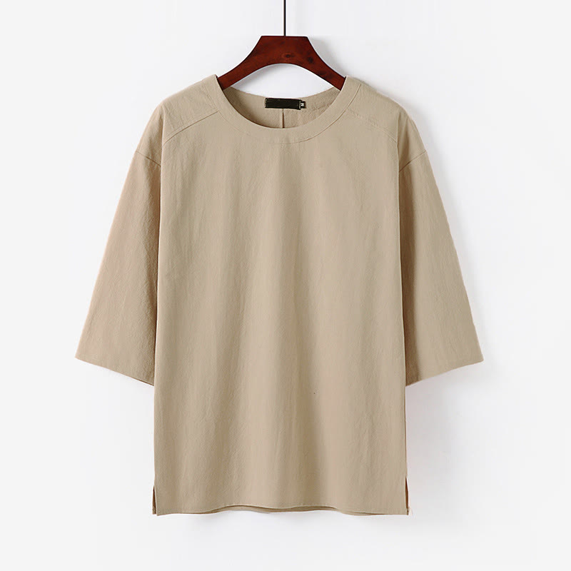 Buddha Stones 夏カジュアルクルーネックメンズ半袖コットンリネンTシャツ - ビスク - US/UK/AU54、 EU64 (9XL) - image 0