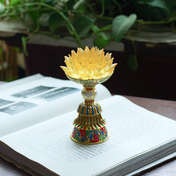 Buddha Stones 蓮の花と六里ガラスの八吉祥文様台座付き悟りの家庭装飾 - ゴールデンロータス（9×14～16×6.8cm） - 充電式 - image 25
