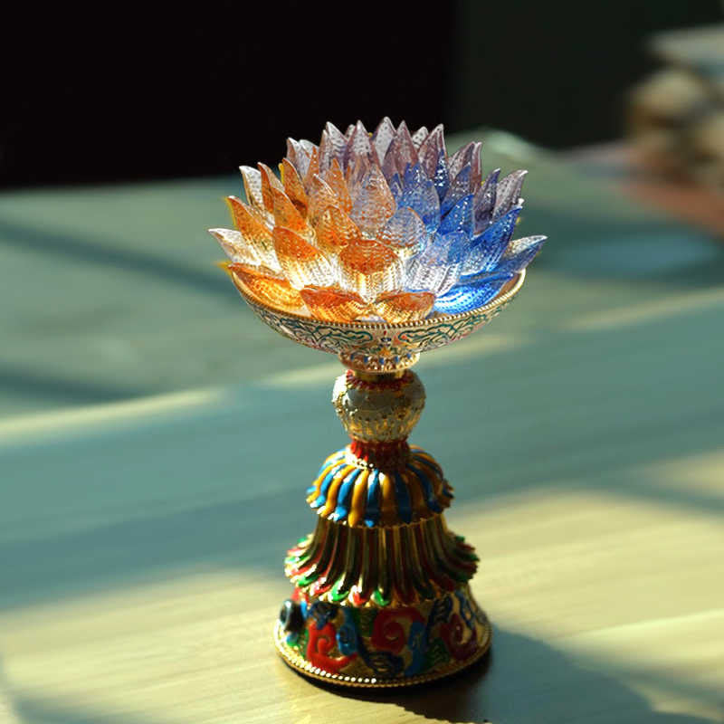 Buddha Stones 蓮の花と六里ガラスの八吉祥文様台座付き悟りの家庭装飾 - 多色蓮の花（9×14～16×6.8cm） - 充電式 - image 0