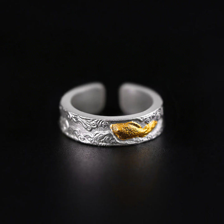 Buddha Stones 999スターリングシルバー999ゴールド鯉の良い雲の幸運リング - image 2