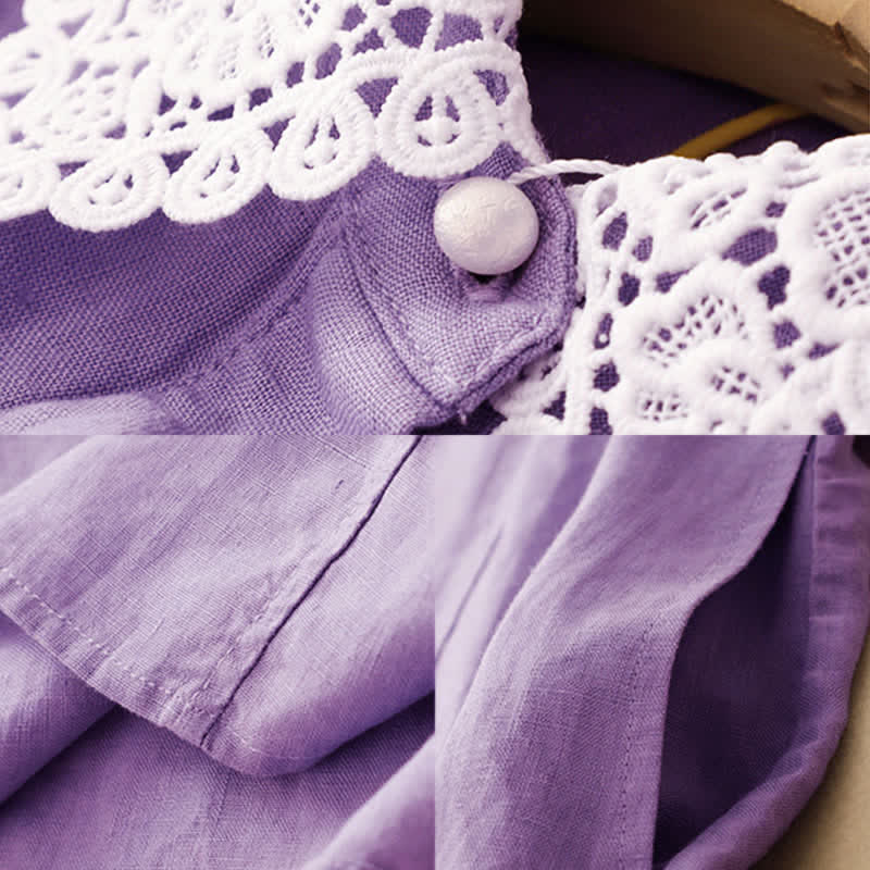 Buddha Stones 夏用中空レースデザインラペルノースリーブコットンミディドレス（ポケット付き） - image 11