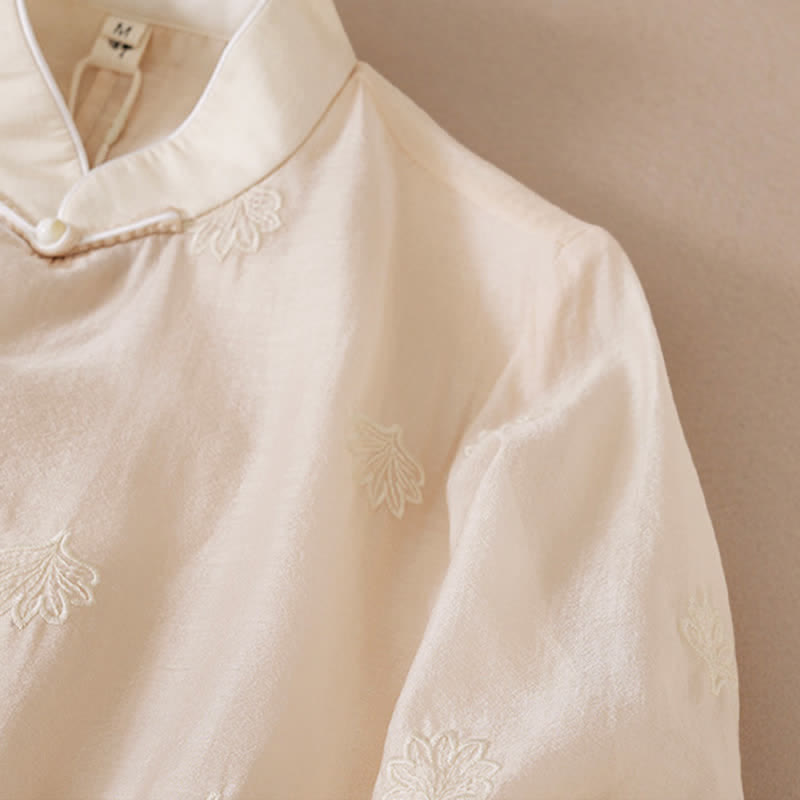 Buddha Stones 刺繍フラワーフロッグボタンスタンドカラーサイドスリットハーフスリーブマキシワンピース - image 6