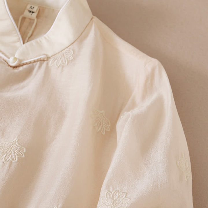 Buddha Stones 刺繍フラワーフロッグボタンスタンドカラーサイドスリットハーフスリーブマキシワンピース - image 6