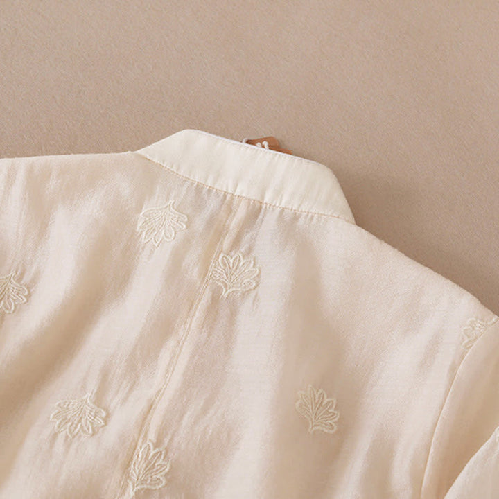 Buddha Stones 刺繍フラワーフロッグボタンスタンドカラーサイドスリットハーフスリーブマキシワンピース - image 5