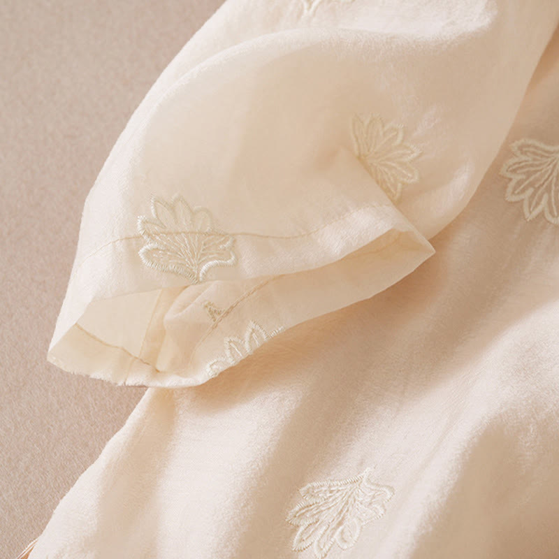 Buddha Stones 刺繍フラワーフロッグボタンスタンドカラーサイドスリットハーフスリーブマキシワンピース - image 8