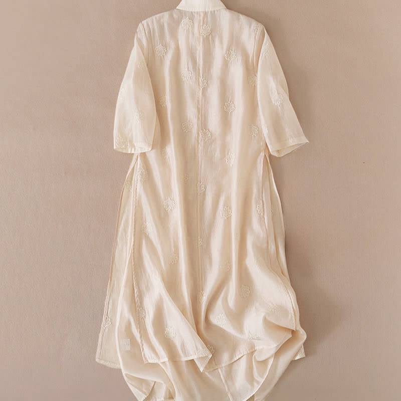 Buddha Stones 刺繍フラワーフロッグボタンスタンドカラーサイドスリットハーフスリーブマキシワンピース - image 3