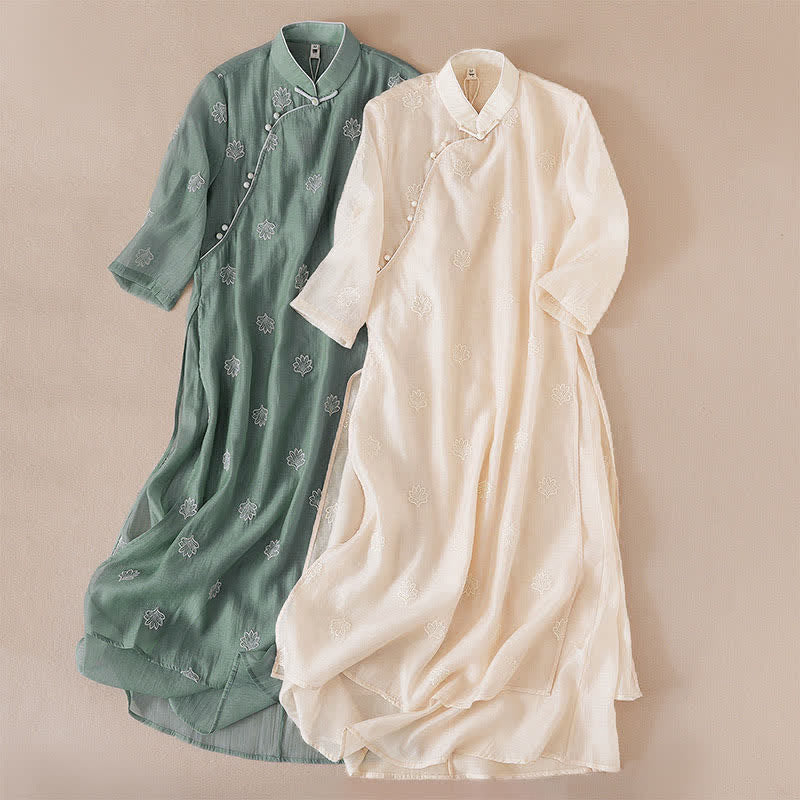 Buddha Stones 刺繍フラワーフロッグボタンスタンドカラーサイドスリットハーフスリーブマキシワンピース - image 14