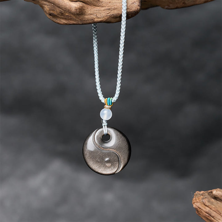 Buddha Stones シルバーシーンオブシディアン陰陽シンボル保護ネックレスペンダント - image 2
