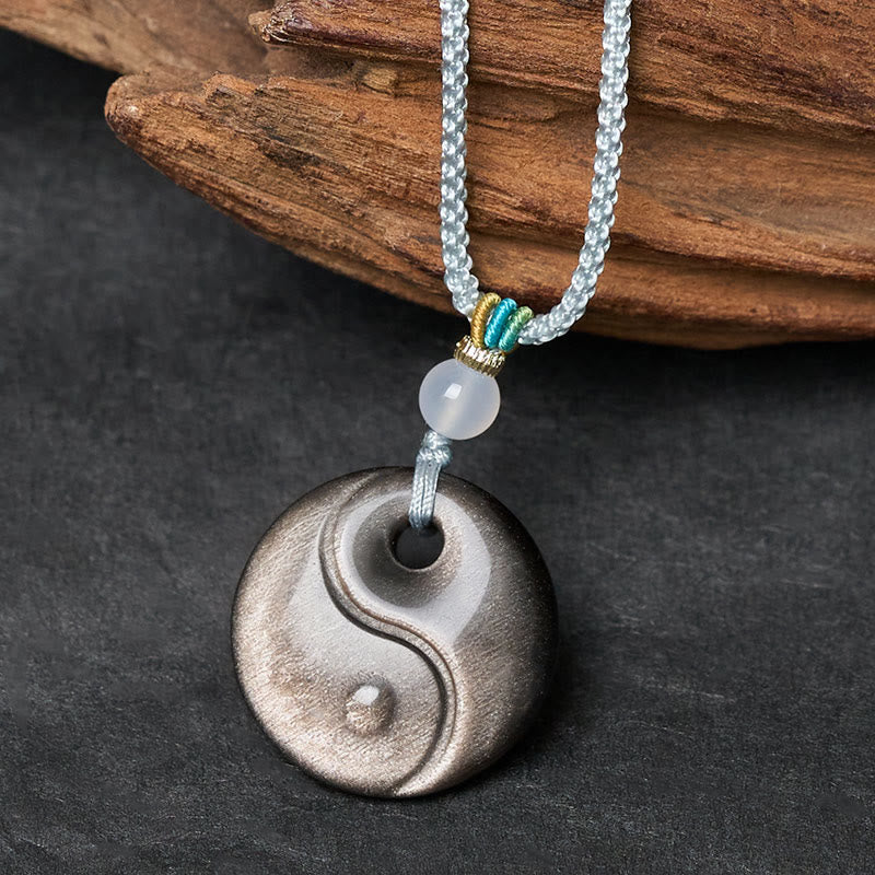 Buddha Stones シルバーシーンオブシディアン陰陽シンボル保護ネックレスペンダント - image 1