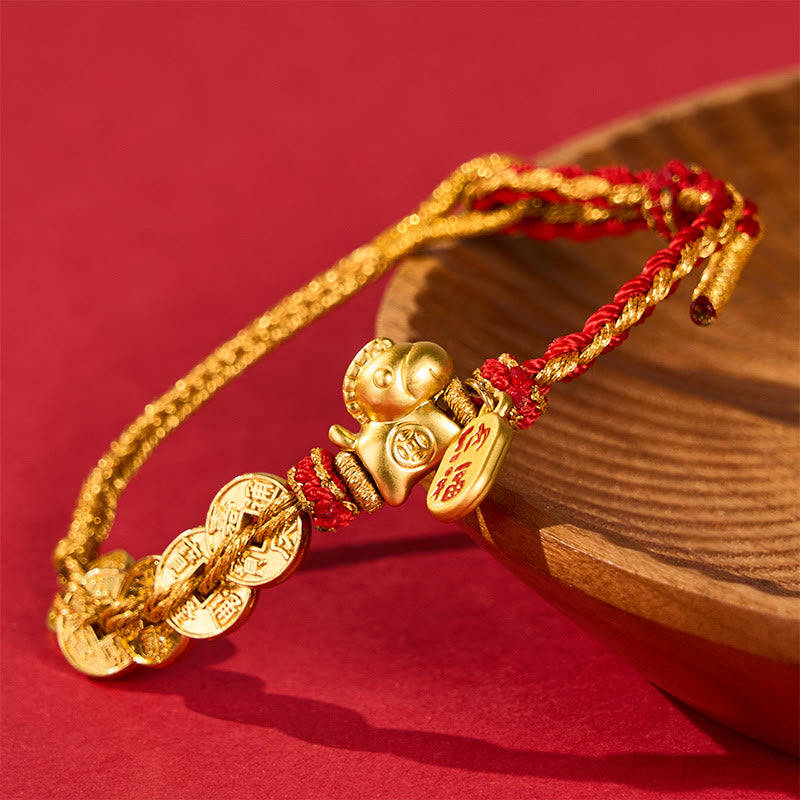 Buddha Stones 午年赤紐五帝銭幸運ブレスレット - image 1