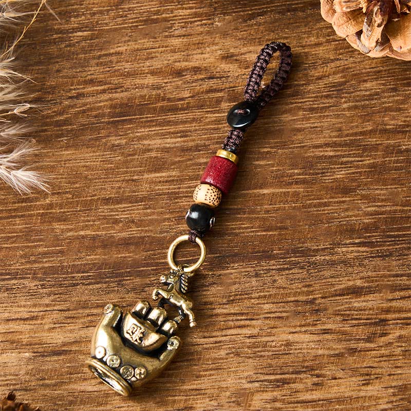 Buddha Stones 午年銅真鍮紐五帝銭天秤キーホルダー - ブラックライトイエロービーズホース - image 7