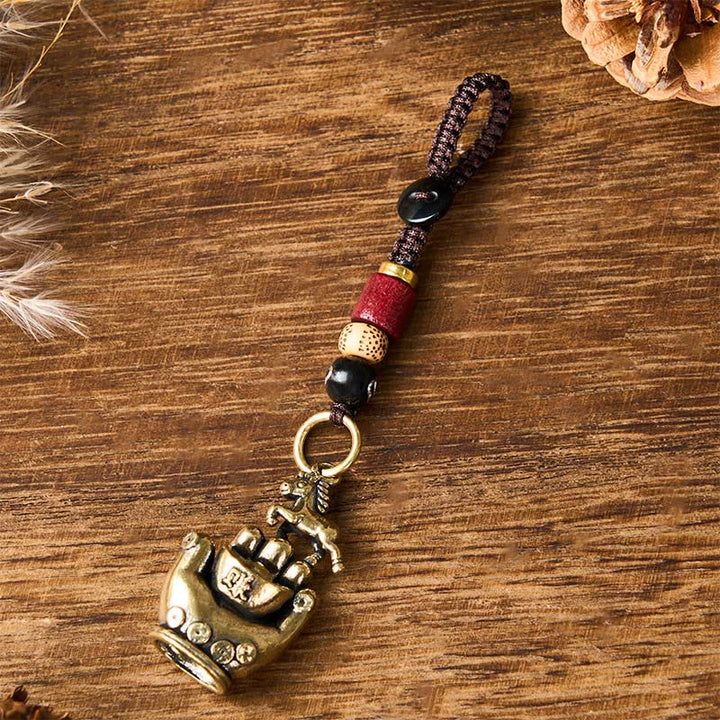 Buddha Stones 午年銅真鍮紐五帝銭天秤キーホルダー - ブラックライトイエロービーズホース - image 7