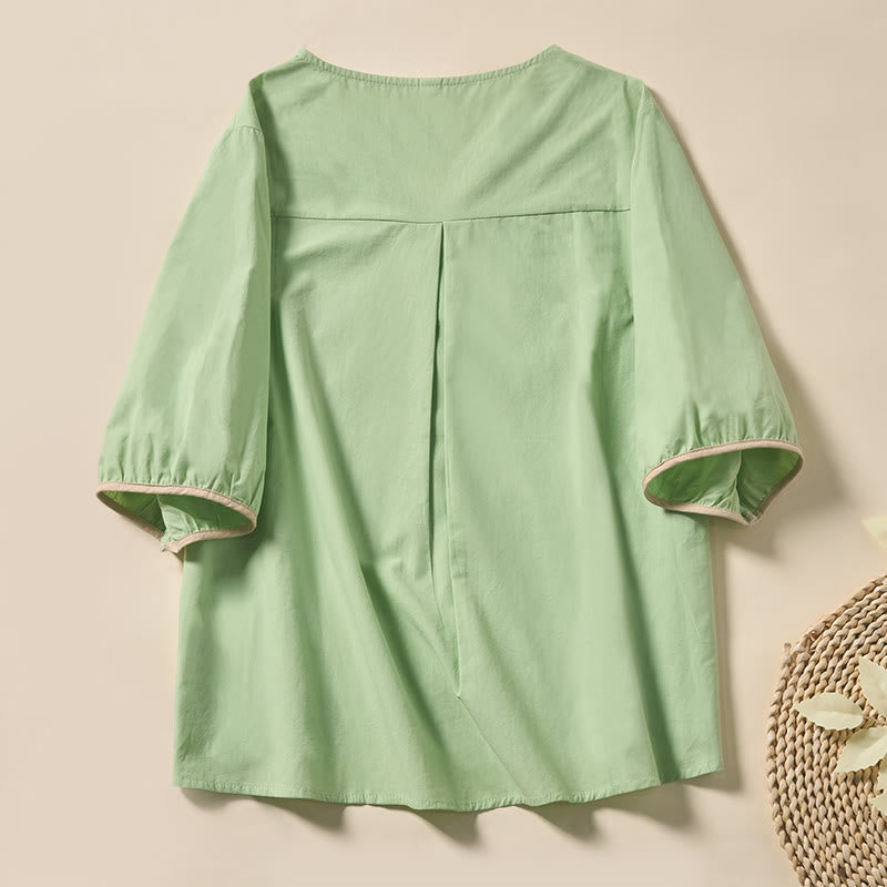 Buddha Stones カジュアルな花柄リーフ柄Vネックレディースポリエステル半袖Tシャツ - image 1