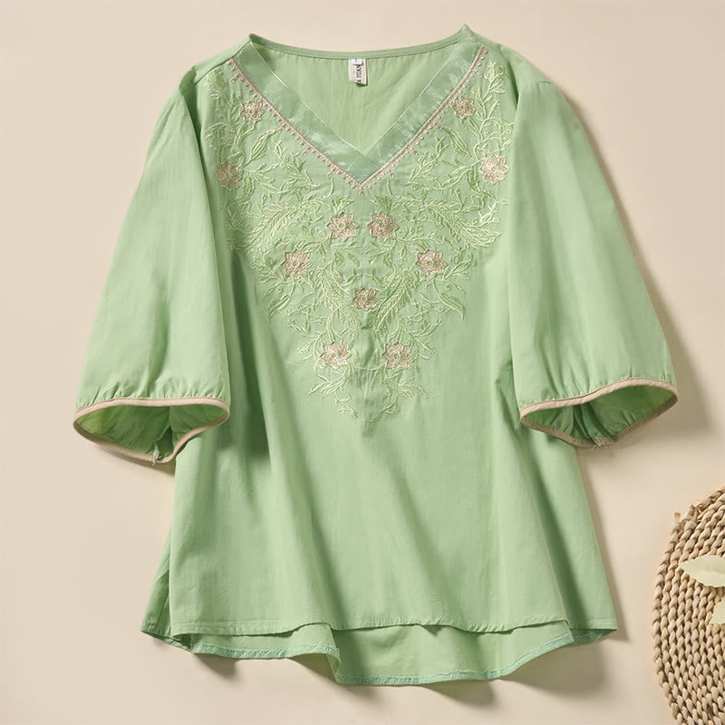 Buddha Stones カジュアルな花柄リーフ柄Vネックレディースポリエステル半袖Tシャツ - ライトグリーン - US8-10，UK/AU12-14，EU40-42 (2XL) - image 0