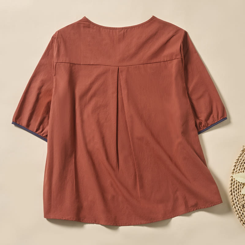 Buddha Stones カジュアルな花柄リーフ柄Vネックレディースポリエステル半袖Tシャツ - image 7