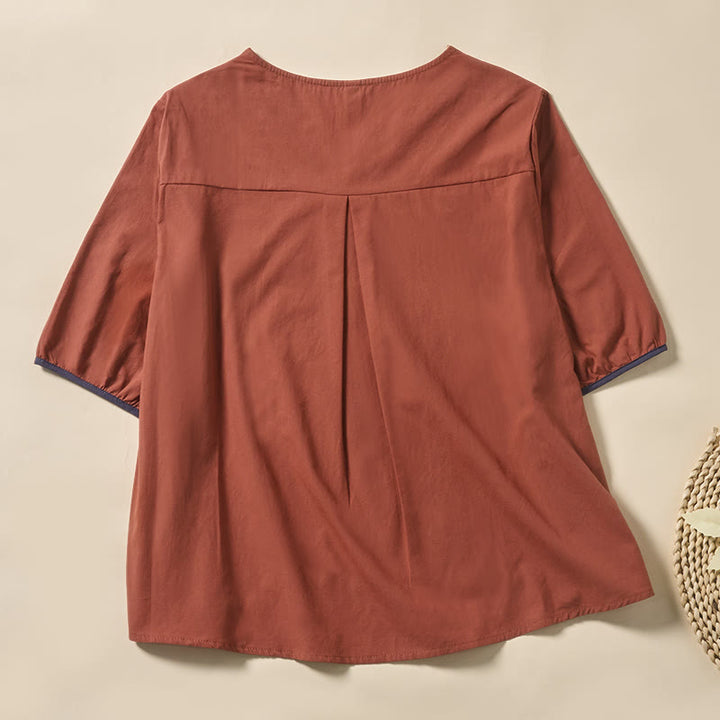 Buddha Stones カジュアルな花柄リーフ柄Vネックレディースポリエステル半袖Tシャツ - image 7
