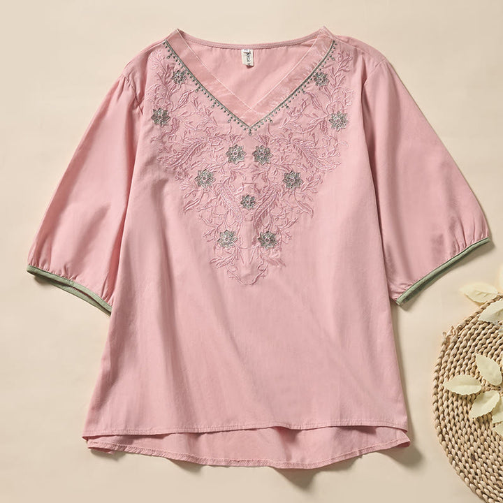 Buddha Stones カジュアルな花柄リーフ柄Vネックレディースポリエステル半袖Tシャツ - ピンク - US8-10，UK/AU12-14，EU40-42 (2XL) - image 8