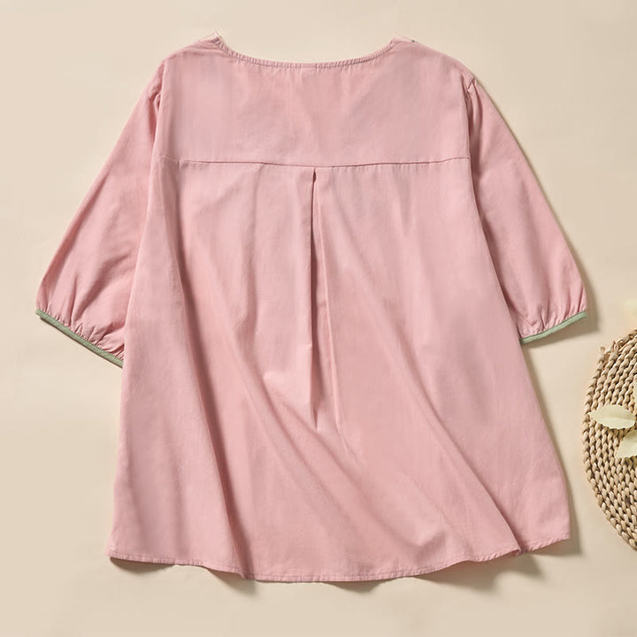 Buddha Stones カジュアルな花柄リーフ柄Vネックレディースポリエステル半袖Tシャツ - image 9