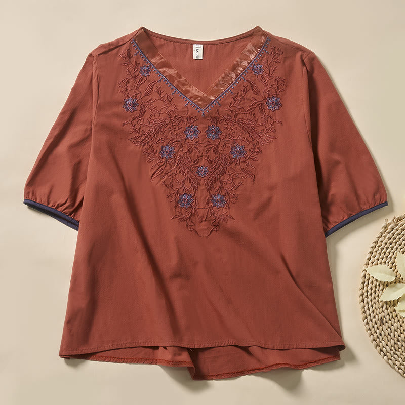 Buddha Stones カジュアルな花柄リーフ柄Vネックレディースポリエステル半袖Tシャツ - インディアンレッド - US8-10，UK/AU12-14，EU40-42 (2XL) - image 6