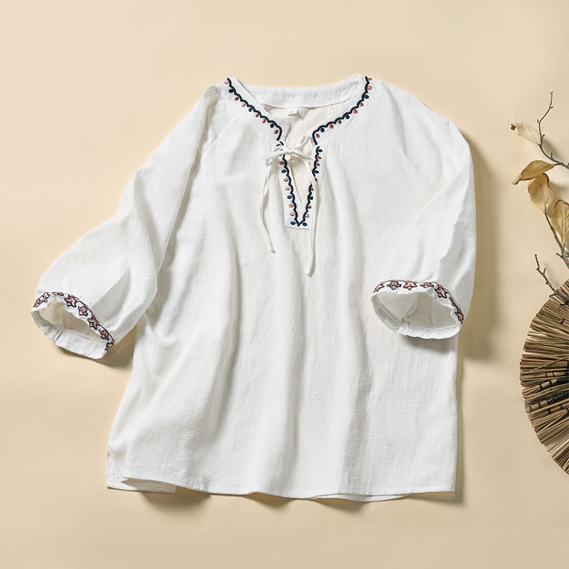 Buddha Stones 夏 Vネック 刺繍ライン レースアップ コットン レディース 半袖シャツ - 白 - US12、 UK/AU16、 EU44 (3XL) - image 7