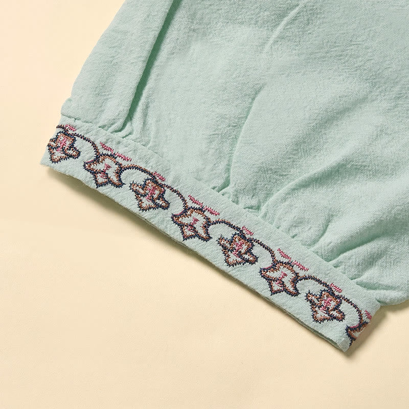 Buddha Stones 夏 Vネック 刺繍ライン レースアップ コットン レディース 半袖シャツ - image 3