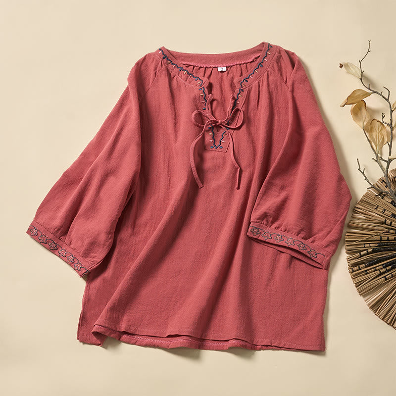 Buddha Stones 夏 Vネック 刺繍ライン レースアップ コットン レディース 半袖シャツ - 鮭 - US12、 UK/AU16、 EU44 (3XL) - image 5