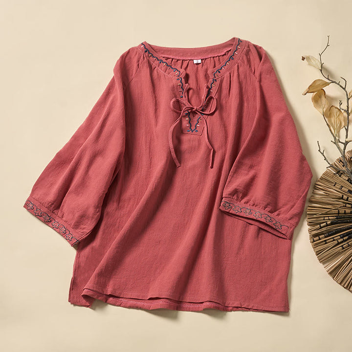 Buddha Stones 夏 Vネック 刺繍ライン レースアップ コットン レディース 半袖シャツ - 鮭 - US12、 UK/AU16、 EU44 (3XL) - image 5