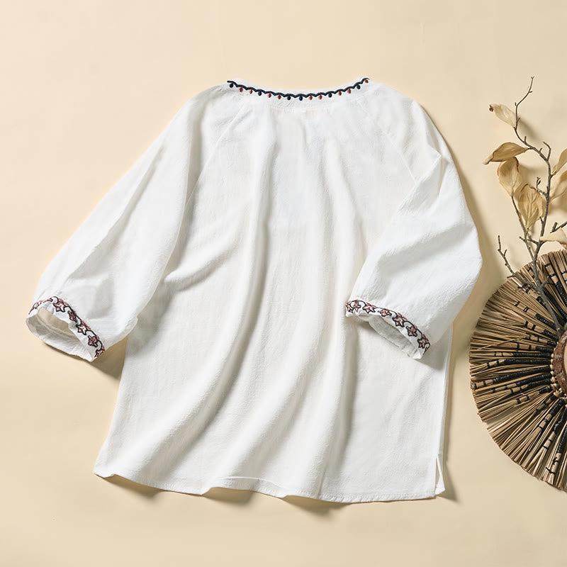 Buddha Stones 夏 Vネック 刺繍ライン レースアップ コットン レディース 半袖シャツ - image 8