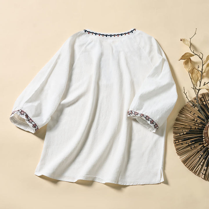Buddha Stones 夏 Vネック 刺繍ライン レースアップ コットン レディース 半袖シャツ - image 8