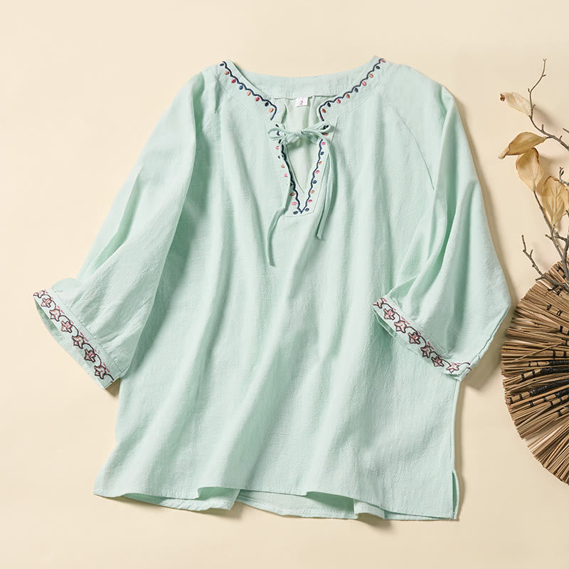 Buddha Stones 夏 Vネック 刺繍ライン レースアップ コットン レディース 半袖シャツ - ミントクリーム - US12、 UK/AU16、 EU44 (3XL) - image 0
