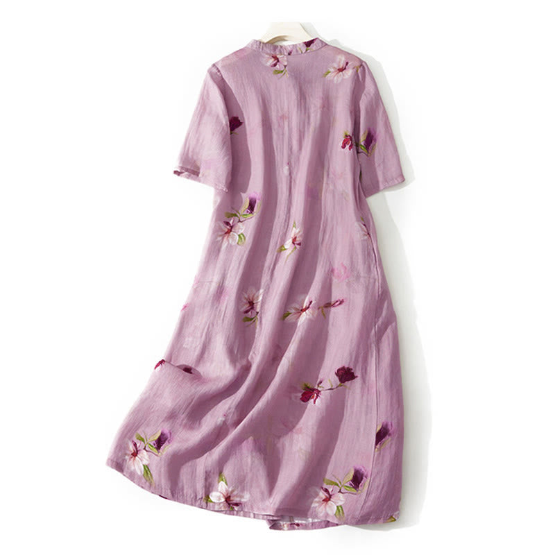 Buddha Stones 夏の蘭の花柄スタンドカラーデザイン半袖ミディドレス（ポケット付き） - image 1