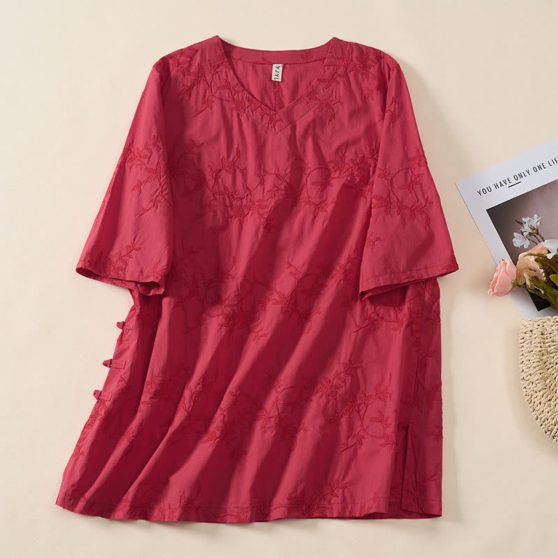 Buddha Stones 春のVネック長袖リーフ柄レディースコットンシャツ - 赤 - US8-10，UK/AU12-14，EU40-42 (2XL) - image 17