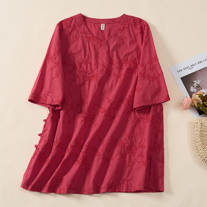 Buddha Stones 春のVネック長袖リーフ柄レディースコットンシャツ - 赤 - US8-10，UK/AU12-14，EU40-42 (2XL) - image 17