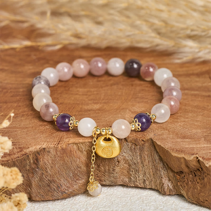 Buddha Stones ゴールデンシルク翡翠フーキャラクターウサギの魔除けブレスレット - 金糸翡翠フー文字（手首周り：14～15cm） - image 0