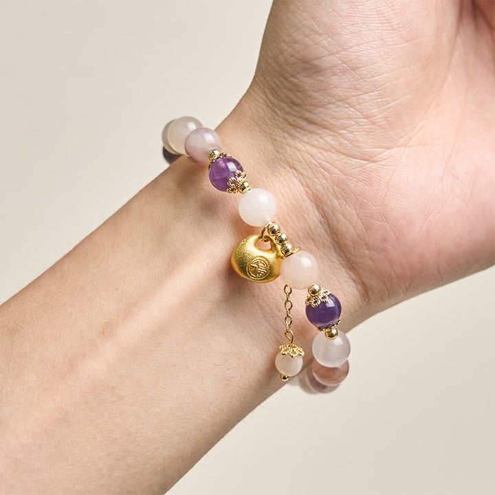 Buddha Stones ゴールデンシルク翡翠フーキャラクターウサギの魔除けブレスレット - image 3