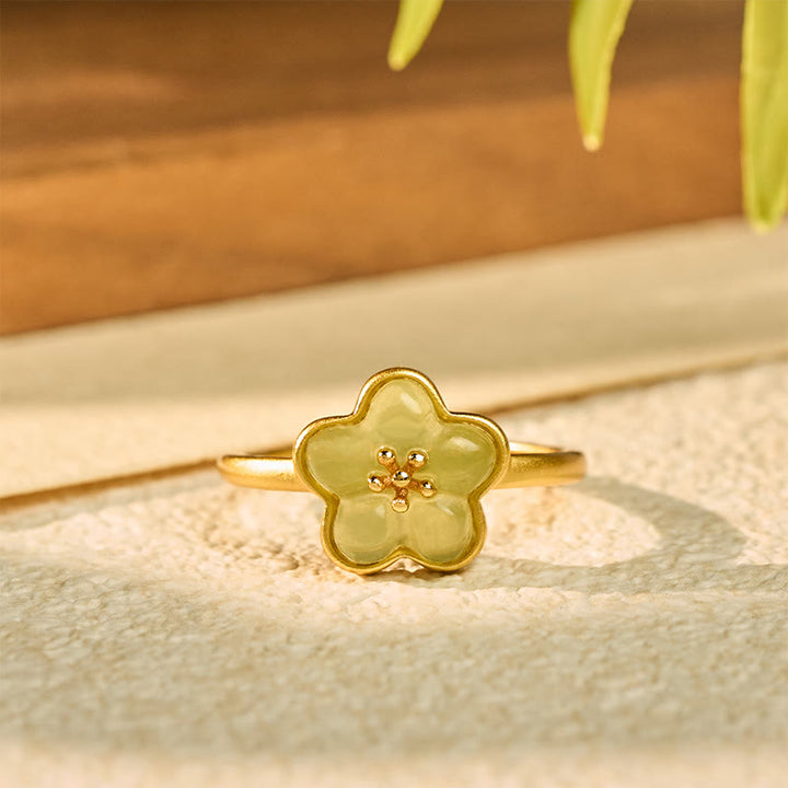 Buddha Stones 梅の花模様の和田翡翠銅製幸運リング - image 2