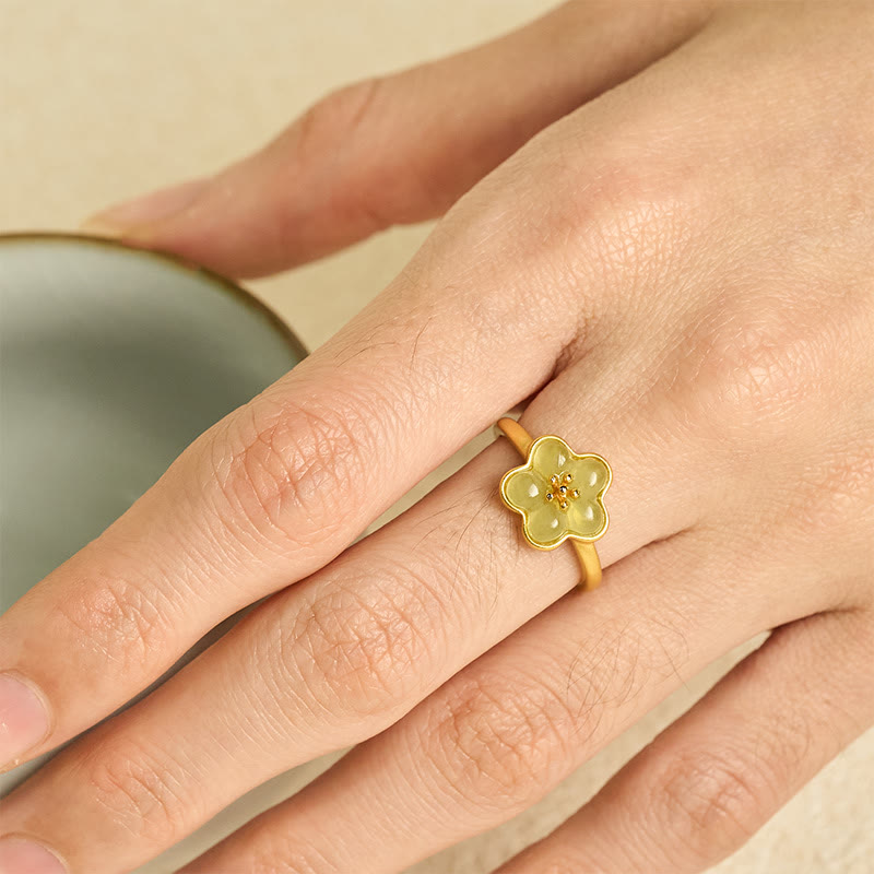 Buddha Stones 梅の花模様の和田翡翠銅製幸運リング - image 4