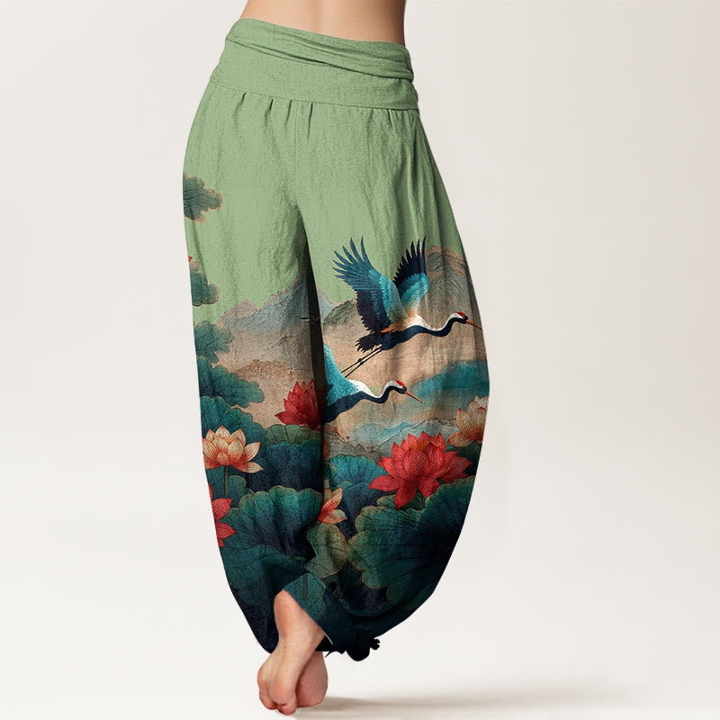 Buddha Stones コットンクラシック蓮の花と葉、鶴、山の模様レディース伸縮性ウエストハーレムパンツ - image 1