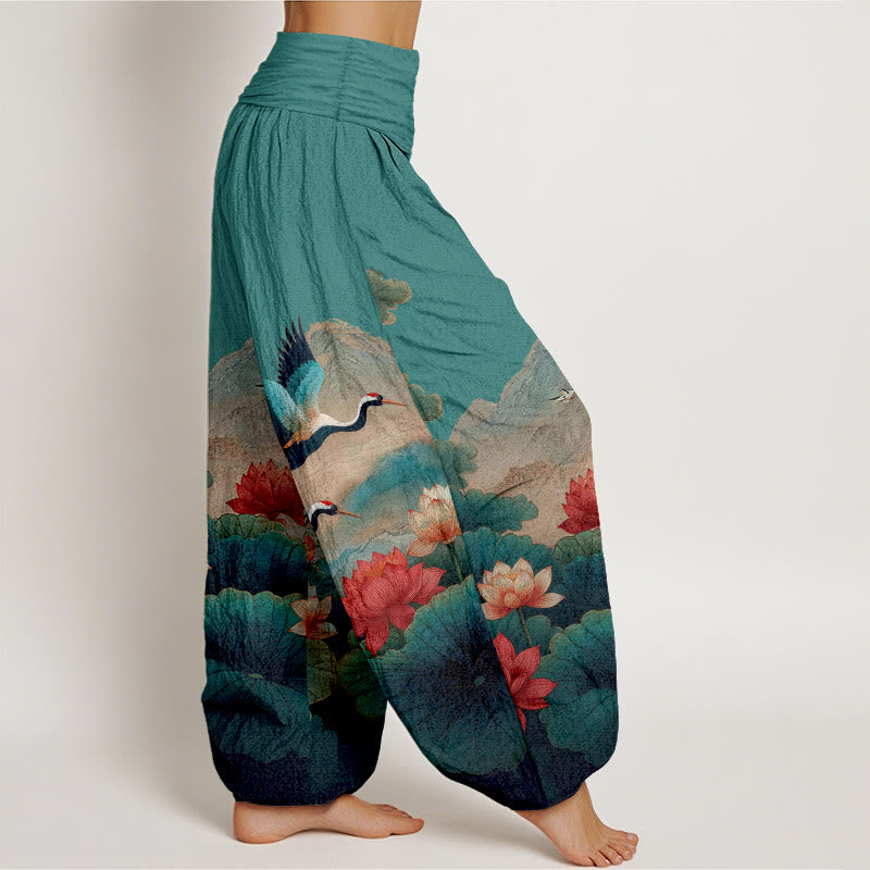 Buddha Stones コットンクラシック蓮の花と葉、鶴、山の模様レディース伸縮性ウエストハーレムパンツ - image 7